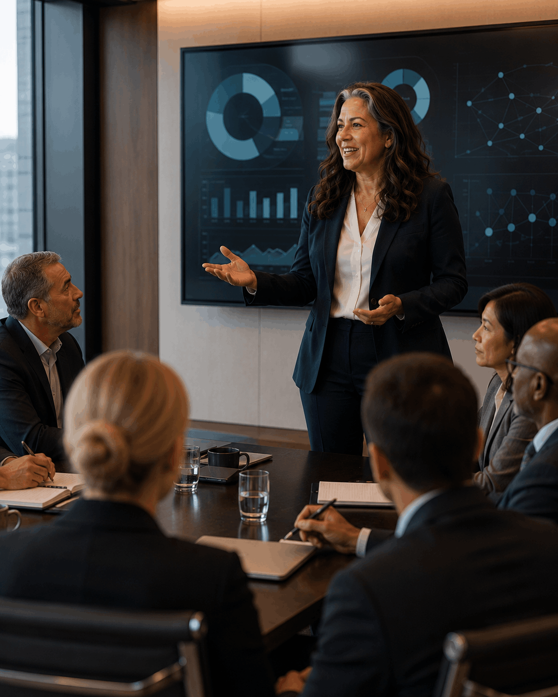Confident woman presenting in boardroom