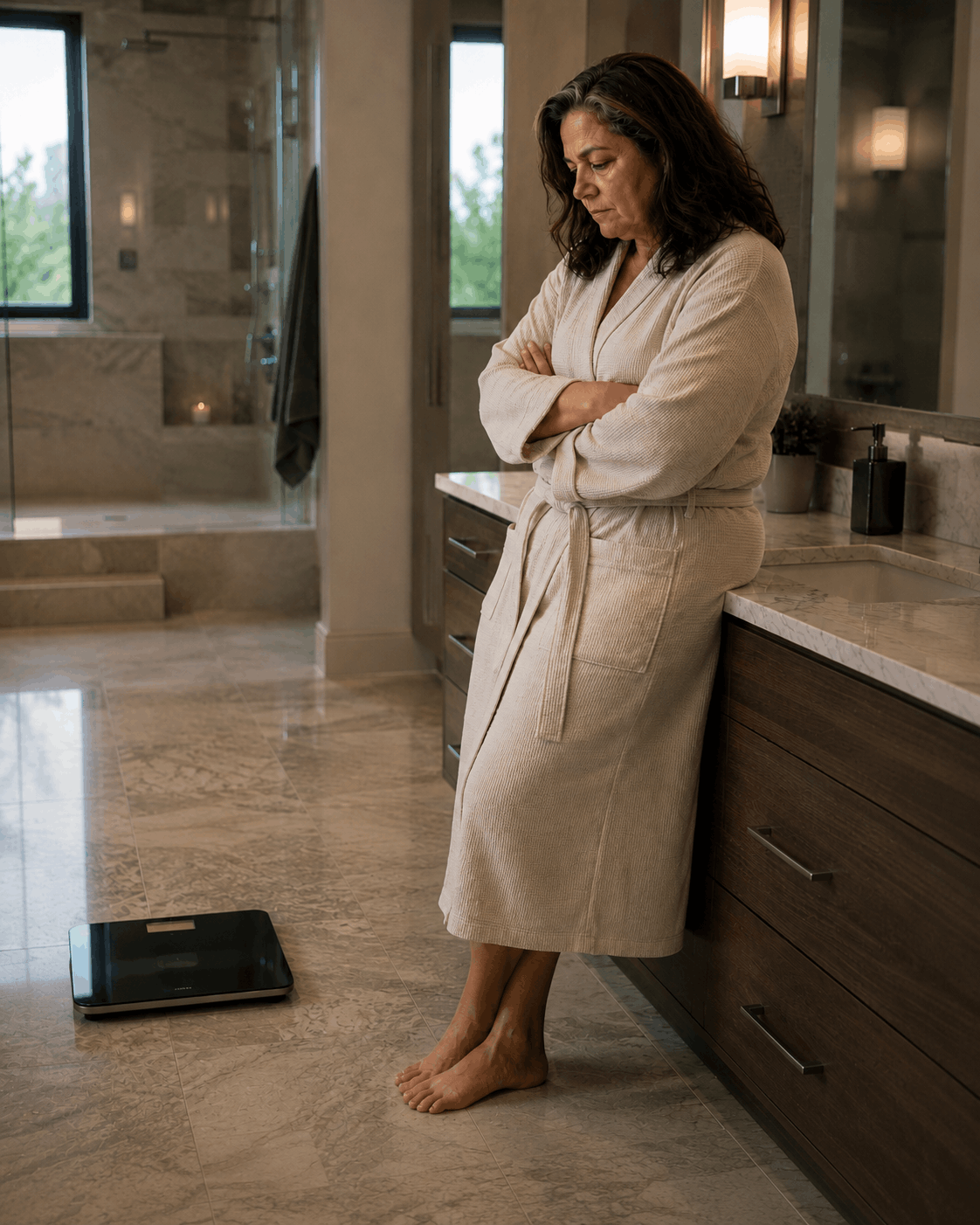 Woman standing in bathroom looking at scale