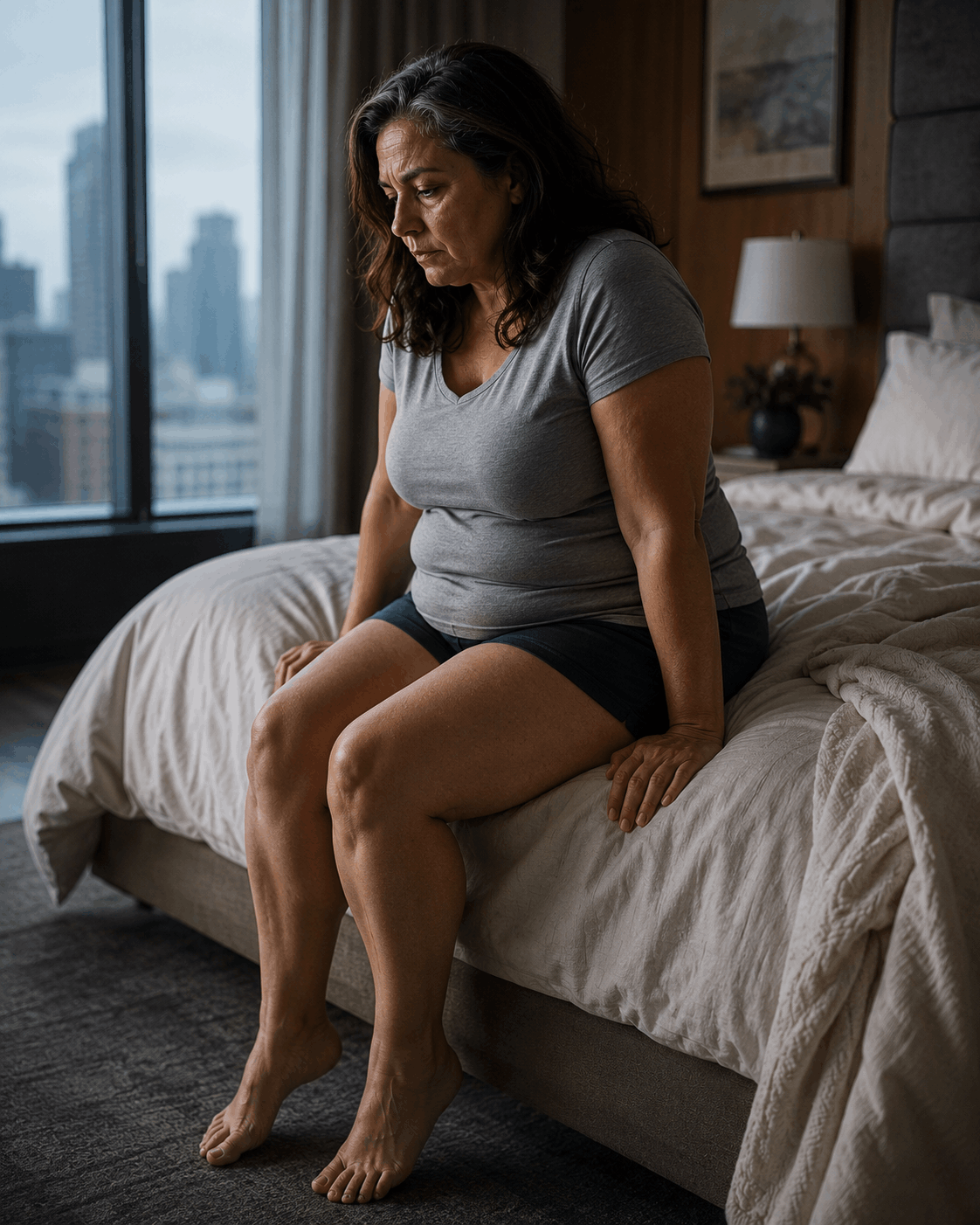 Woman sitting on foot of bed