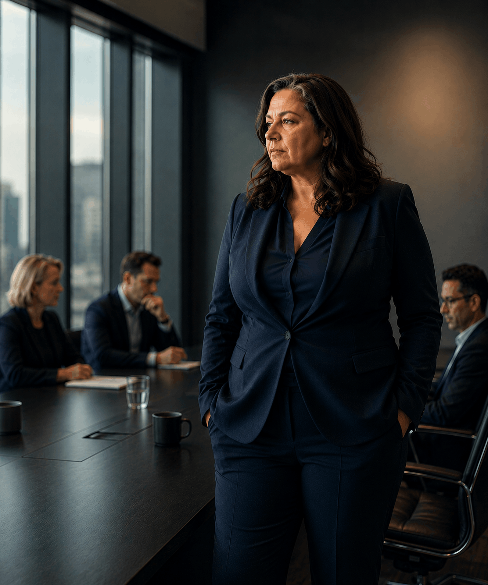 A senior woman standing apart at the head of a boardroom, the room reading past her